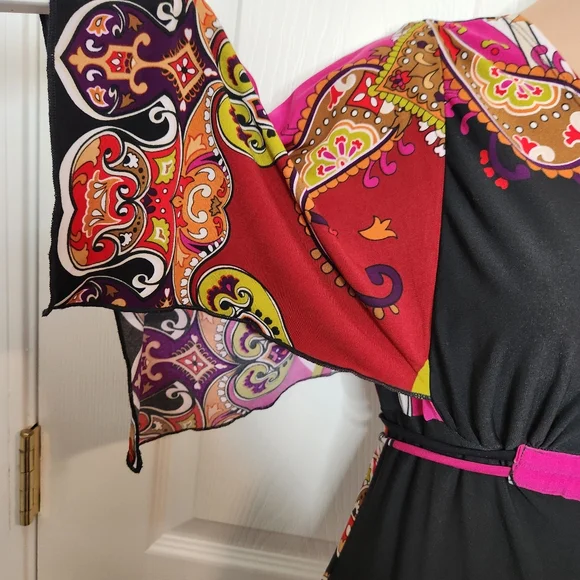 Carole Little Flutter Sleeve Midi Dress Paisley Size 4 Red Black Pink White - Picture 2 of 8